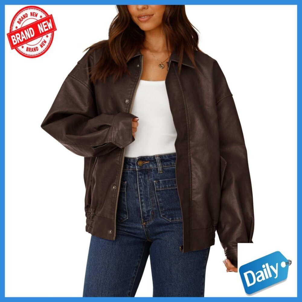 Faux Leather Motorcycle Jacket Oversized Zip Up Coat Women's Outerwear